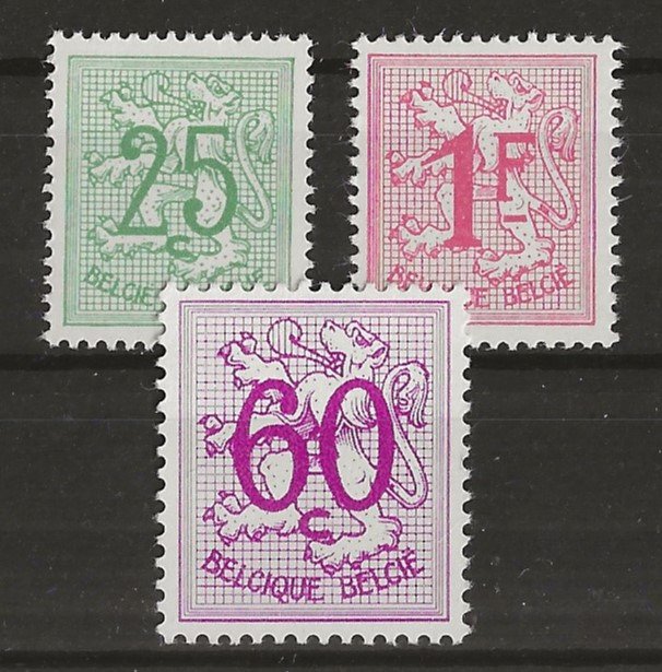 Belgien 1965/1967 - Heraldisk løve 60c lilla (stor størrelse) hvidt papir 25c lysegrønt og 1F Pink (16 tænder) - OBP/COB 859A 1368b 1370P2