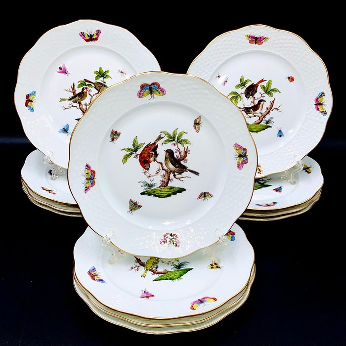 Herend - Exquisite Set of 12 Plates (19 cm) - "Rothschild Bird" Pattern - Tallerken - Håndmalet porcelæn