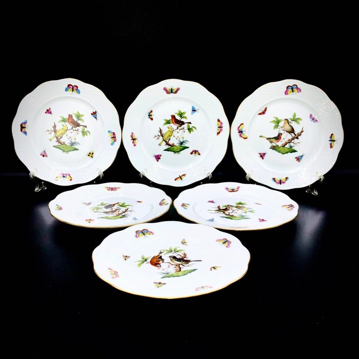 Herend - Exquisite Set of 12 Plates (19 cm) - "Rothschild Bird" Pattern - Tallerken - Håndmalet porcelæn