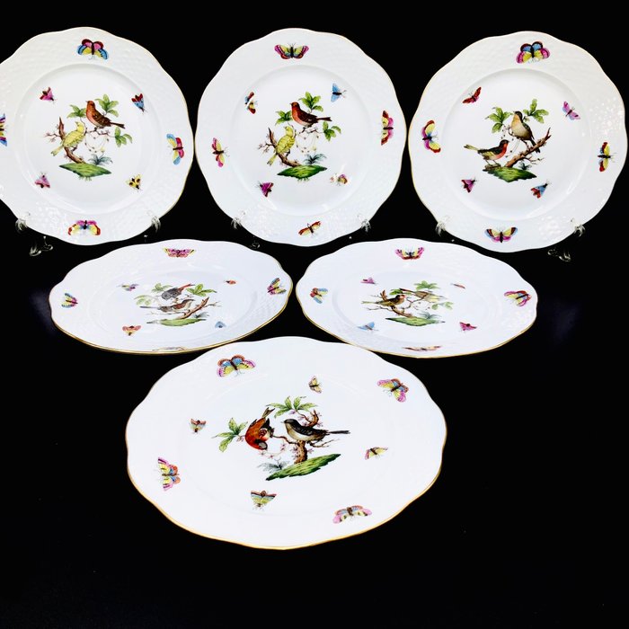 Herend - Exquisite Set of 12 Plates (19 cm) - "Rothschild Bird" Pattern - Tallerken - Håndmalet porcelæn