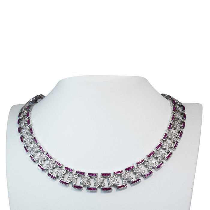 Halskæde - 14 karat Hvidguld -  10.92ct. tw. Rubin - Diamant - One Of a Kind Neckless