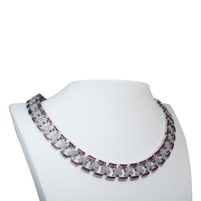 Halskæde - 14 karat Hvidguld -  10.92ct. tw. Rubin - Diamant - One Of a Kind Neckless