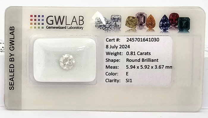 1 pcs Diamant  (Natur)  - 0.81 ct - Rund - E - SI1 - Gemewizard Gemological Laboratory (GWLab)