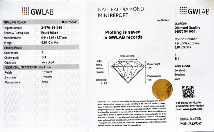 1 pcs Diamant  (Natur)  - 0.81 ct - Rund - E - SI1 - Gemewizard Gemological Laboratory (GWLab)