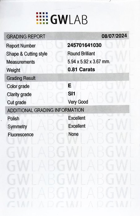 1 pcs Diamant  (Natur)  - 0.81 ct - Rund - E - SI1 - Gemewizard Gemological Laboratory (GWLab)