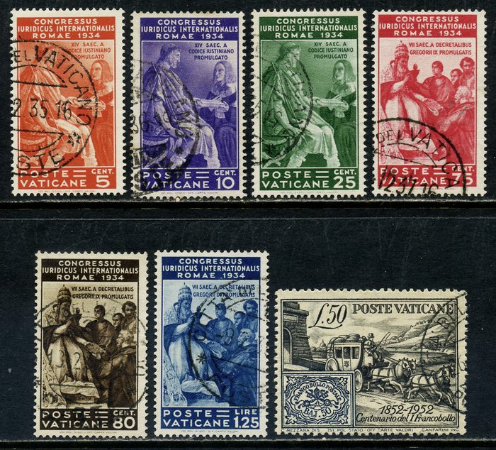 Vatikanstaten 1935/1952 - Juridisk kongres + århundrede for frimærket med folder - Sassone N. 41/46 + F1