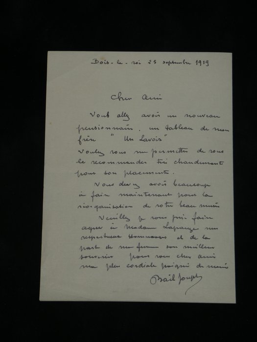 Joseph Bail - [un tableau de mon frère "Un lavoir"] - Lettre autographe signée adressée à son ami Henri Lapauze - 1919