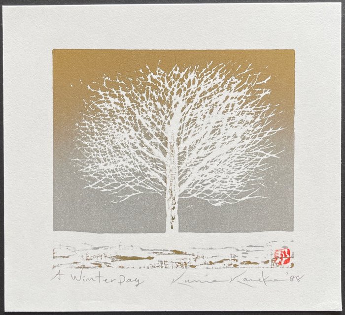 Originalt træbloktryk, håndsigneret af kunstneren - Papir - Kunio Kaneko (b 1949) - A Winter Day - Japan - 1988