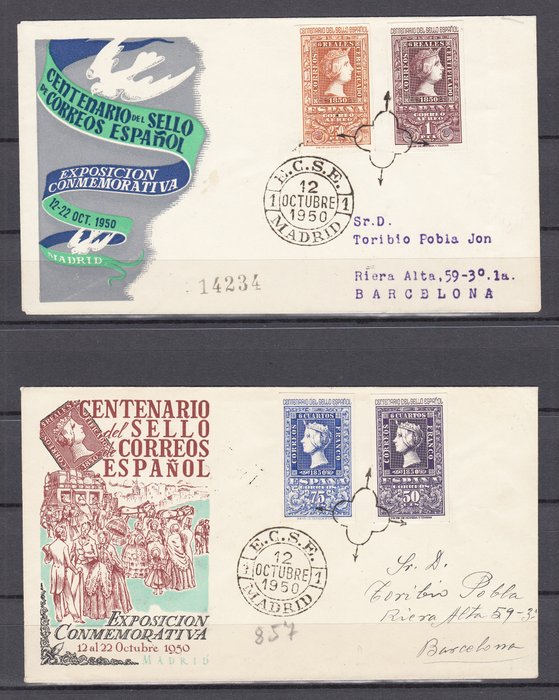 Spanien 1950 - 100 års spanske frimærker komplet serie + 2 Expo Madrid-omslag - Michel 975/982