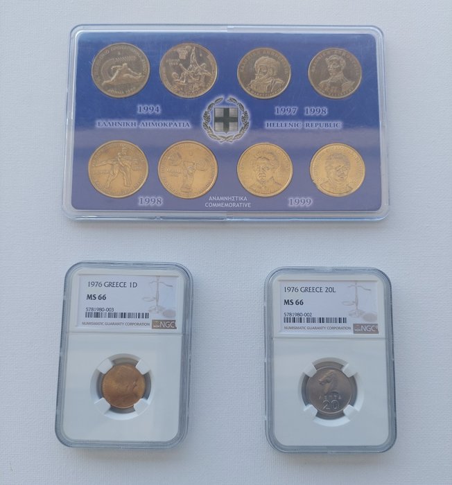 Grækenland. A Collection of 10x Greek Coins, including a Set of Commemoratives and 2x NGC MS66 Coins 1976-1999  (Ingen mindstepris)