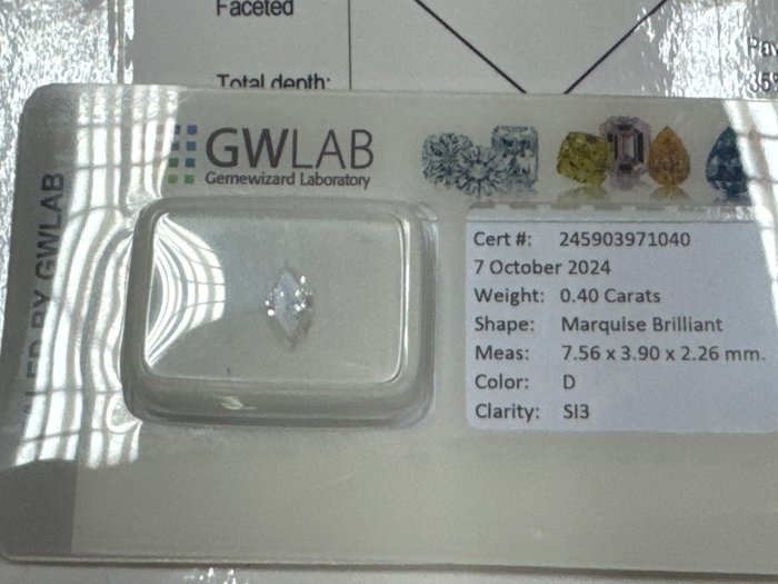 Ingen mindstepris - 1 pcs Diamant  (Natur)  - 0.40 ct - Marquise - D (farveløs) - SI3 - Gemewizard Gemological Laboratory (GWLab)