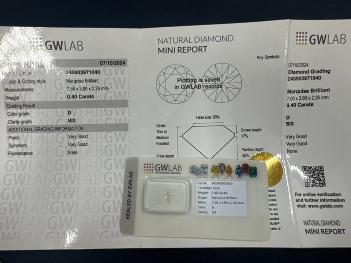 Ingen mindstepris - 1 pcs Diamant  (Natur)  - 0.40 ct - Marquise - D (farveløs) - SI3 - Gemewizard Gemological Laboratory (GWLab)