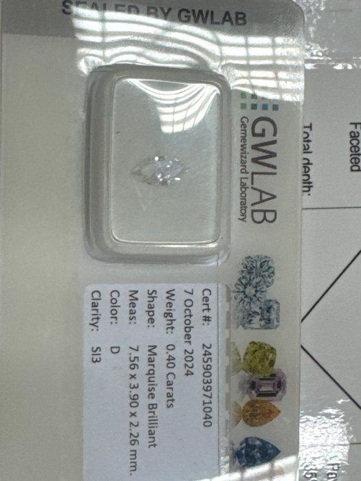 Ingen mindstepris - 1 pcs Diamant  (Natur)  - 0.40 ct - Marquise - D (farveløs) - SI3 - Gemewizard Gemological Laboratory (GWLab)