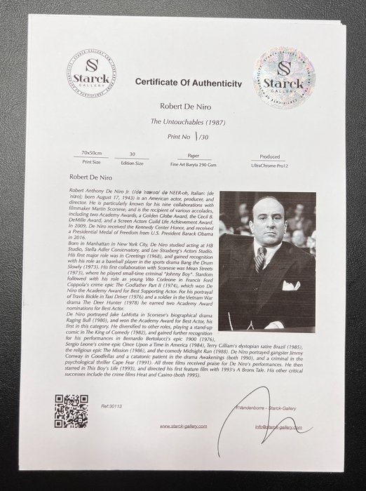 The Untouchables (1987) - Robert DeNiro - Fine Art Photography - Luxury Wooden Framed 70X50 cm - Limited Edition Nr 01 of 30 - Serial ID 30313 - Original Certificate (COA), Hologram Logo Editor and QR Code - 100% New items.