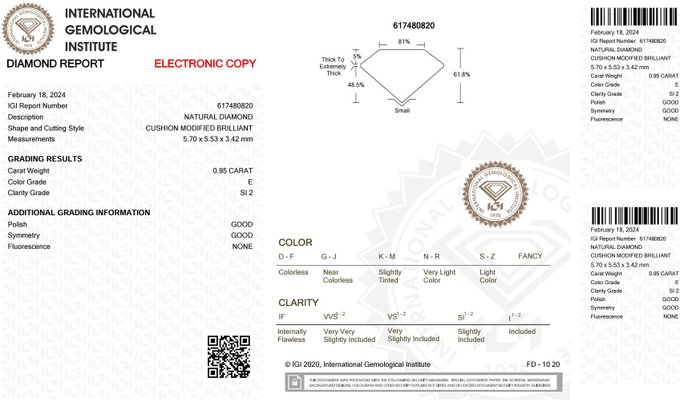 1 pcs Diamant  (Natur)  - 0.95 ct - Pude - E - SI2 - International Gemological Institute (IGI)