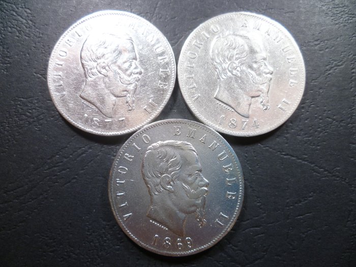 Kongeriget Italien. Vittorio Emanuele II. 5 Lire (3 monete) 1869 Milano - 1874 Milano - 1877 Roma  (Ingen mindstepris)