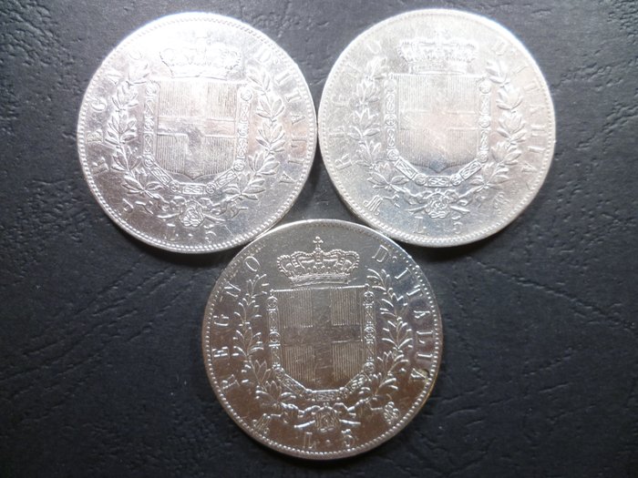 Kongeriget Italien. Vittorio Emanuele II. 5 Lire (3 monete) 1869 Milano - 1874 Milano - 1877 Roma  (Ingen mindstepris)