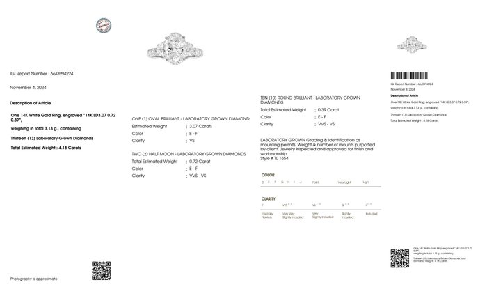 Ingen mindstepris - Ring - 14 karat Hvidguld -  4.18ct. tw. Diamant (Laboratoriedyrket) - Diamant - IGI