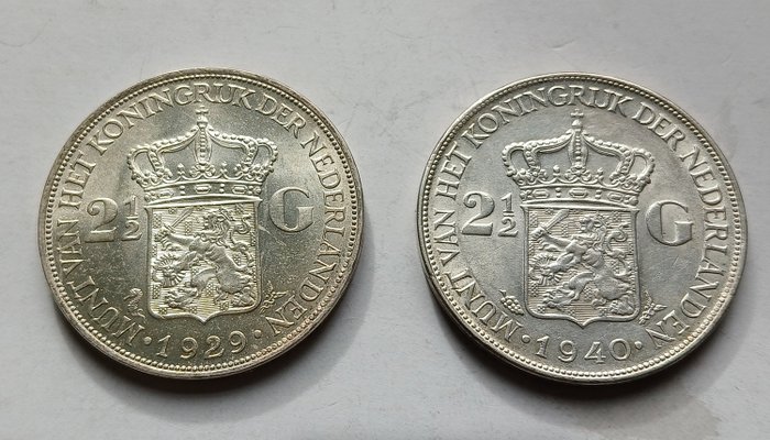 Holland. Wilhelmina (1890-1948). 2 1/2 Gulden 1929 / 1940 (2 stuks)  (Ingen mindstepris)