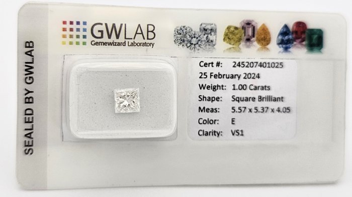 1 pcs Diamant  (Natur)  - 1.00 ct - Kvadrat - E - VS1 - Gemewizard Gemological Laboratory (GWLab)