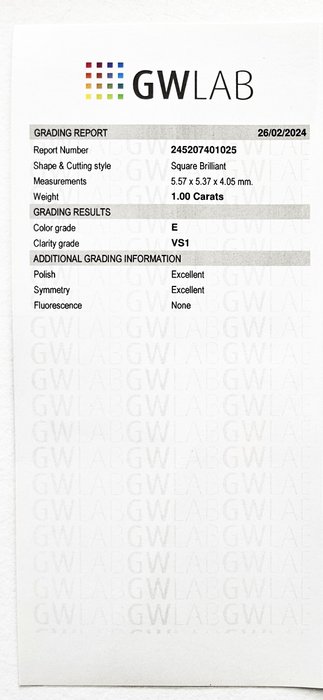 1 pcs Diamant  (Natur)  - 1.00 ct - Kvadrat - E - VS1 - Gemewizard Gemological Laboratory (GWLab)