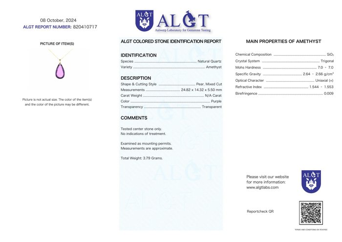Ingen mindstepris - Halskæde med vedhæng - 18 kraat Gulguld Ametyst - ALGT Certificeret