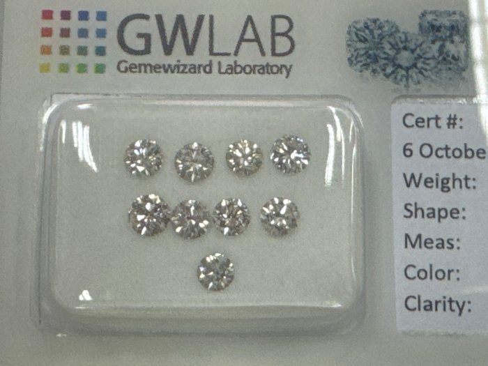 Ingen mindstepris - 9 pcs Diamant  (Natur)  - 0.96 ct - Rund - E, F, G - SI1, SI2, VS2 - Gemewizard Gemological Laboratory (GWLab)