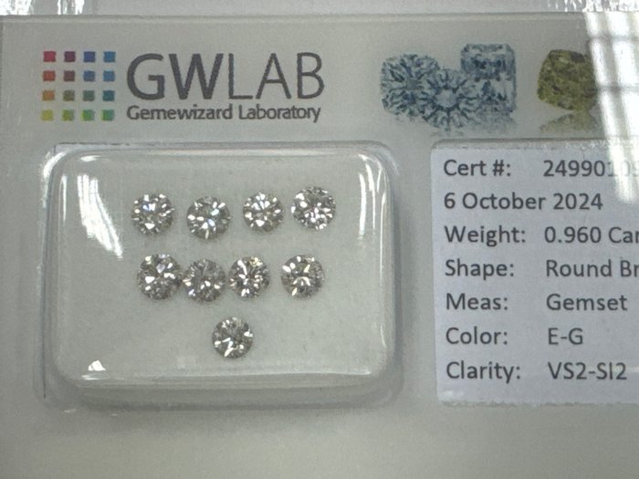 Ingen mindstepris - 9 pcs Diamant  (Natur)  - 0.96 ct - Rund - E, F, G - SI1, SI2, VS2 - Gemewizard Gemological Laboratory (GWLab)