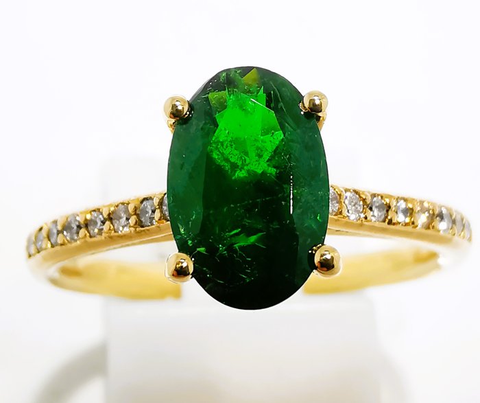 Ring - 18 kraat Gulguld, Tsavorite Vivid Deep Green 1.10ct Tsavorit - Diamant