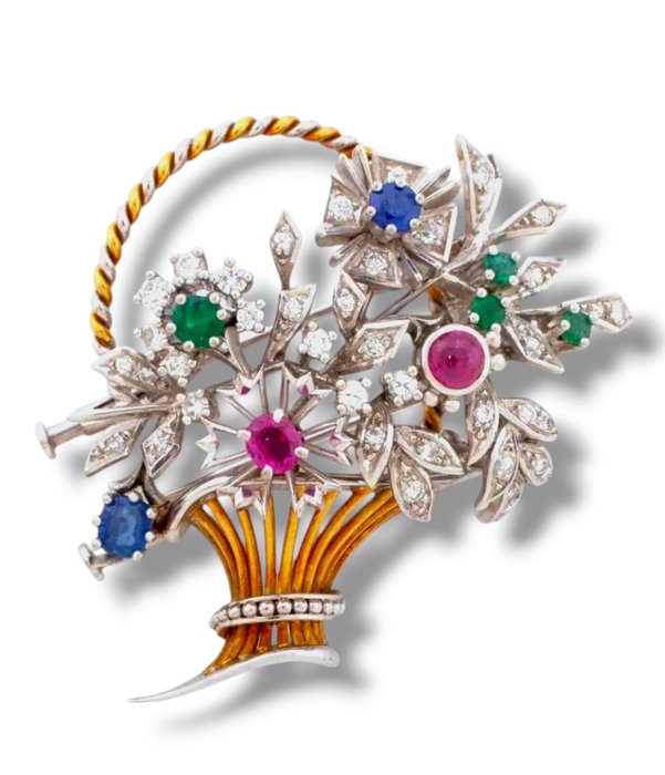 Broche - 18 kraat Gulguld, 18K guld Ruby Emerald Sapphire Diamond Broche Pin