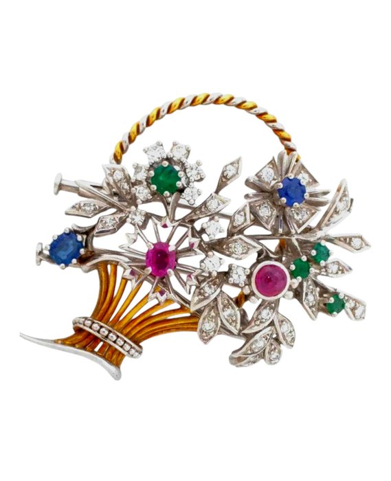 Broche - 18 kraat Gulguld, 18K guld Ruby Emerald Sapphire Diamond Broche Pin