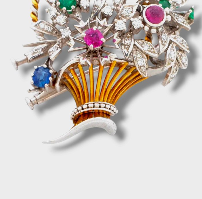 Broche - 18 kraat Gulguld, 18K guld Ruby Emerald Sapphire Diamond Broche Pin