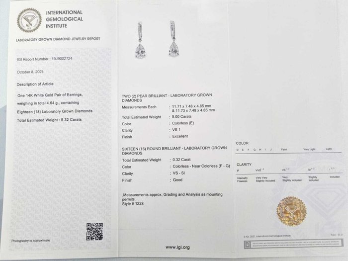 Dråbe øreringe - 14 karat Hvidguld -  5.32ct. tw. Diamant (Laboratoriedyrket)