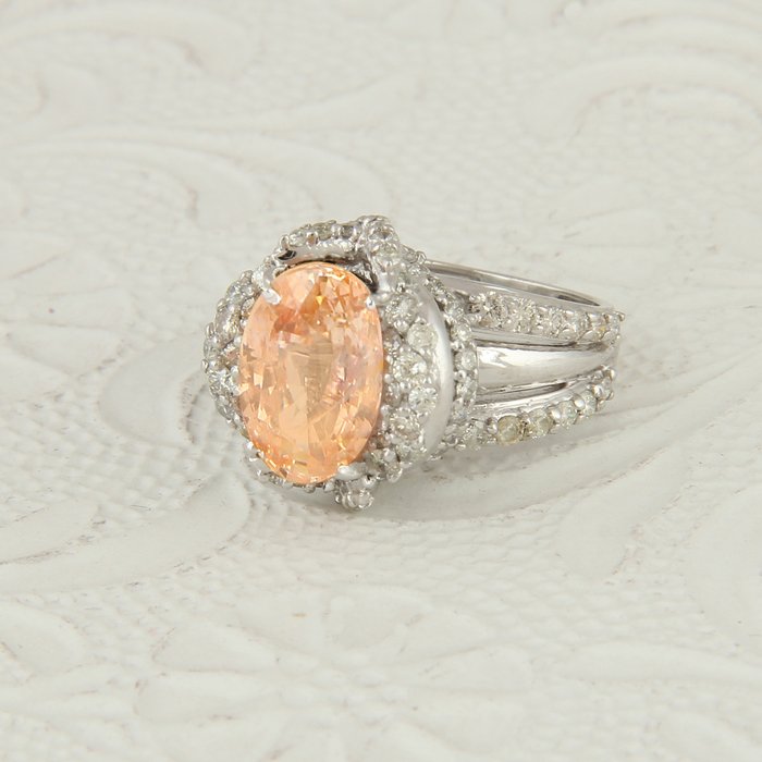 Statement-ring - 14 karat Hvidguld -  774ct tw Safir-padparadscha - Diamant - Padparadscha Sapphir Ring