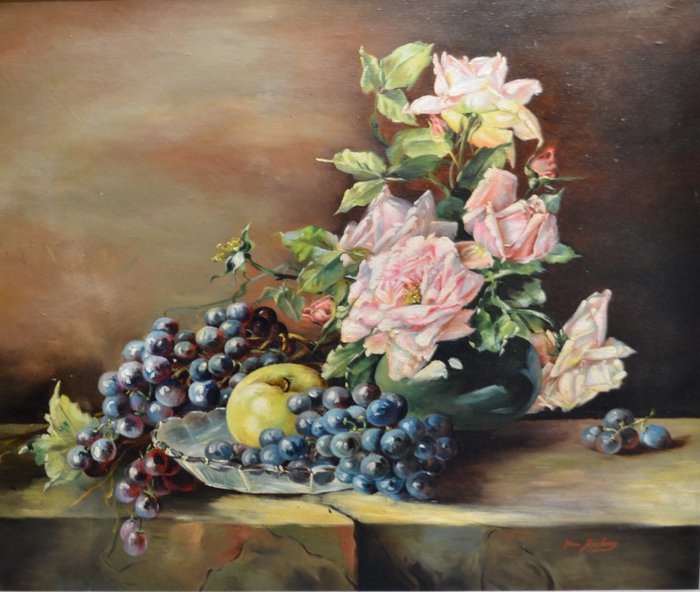 Jhane Jonchery - Nature morte aux roses et à la pomme, raisins