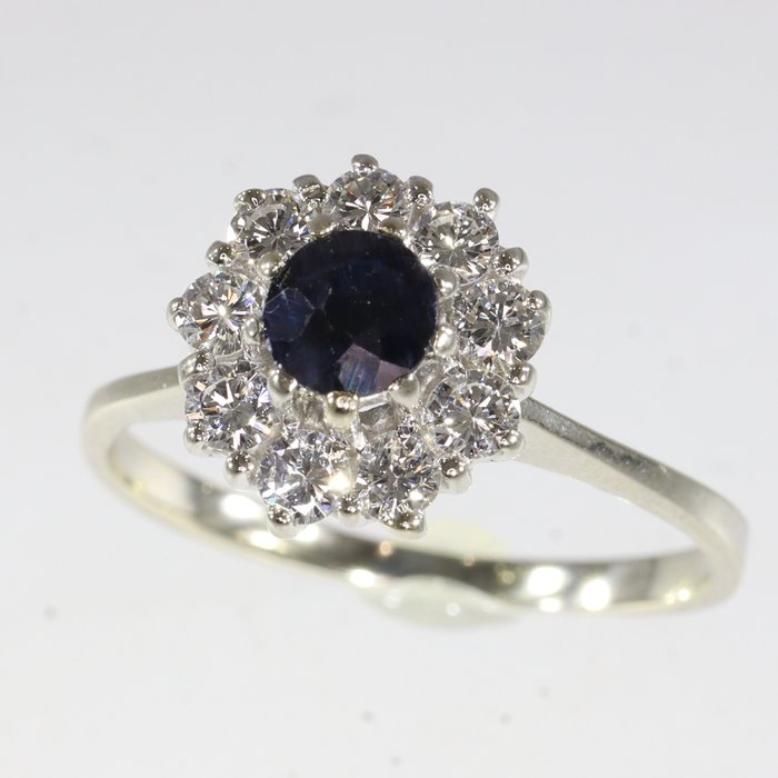 Ring - 18 kraat Hvidguld -  048ct tw Safir - Diamant - Årgang