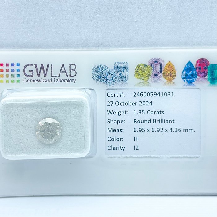 Ingen mindstepris - 1 pcs Diamant  (Natur)  - 1.35 ct - Rund - H - I2 - Gemewizard Gemological Laboratory (GWLab)