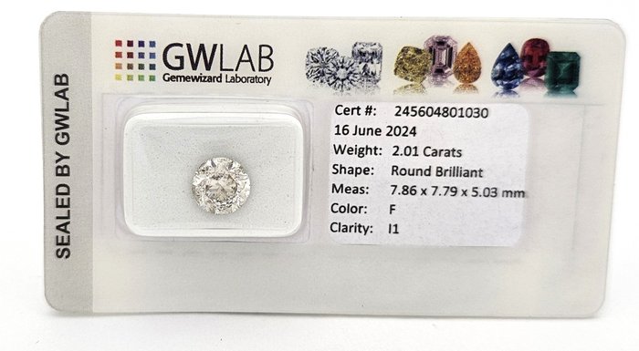 1 pcs Diamant  (Natur)  - 201 ct - Rund - F - I1 - Gemewizard Gemological Laboratory (GWLab)