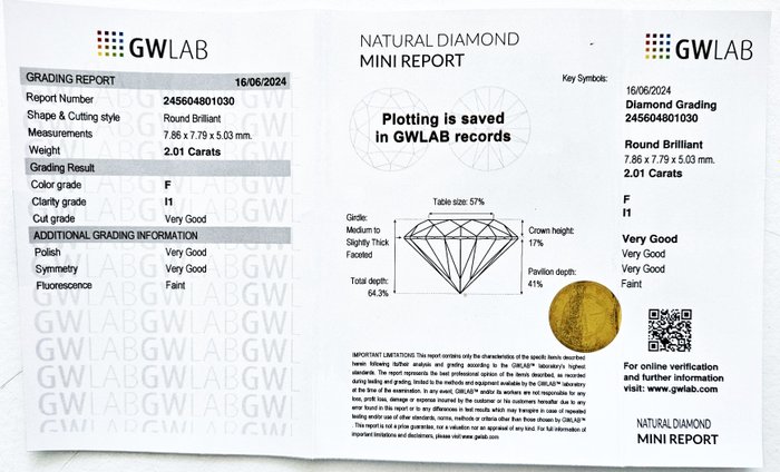 1 pcs Diamant  (Natur)  - 201 ct - Rund - F - I1 - Gemewizard Gemological Laboratory (GWLab)