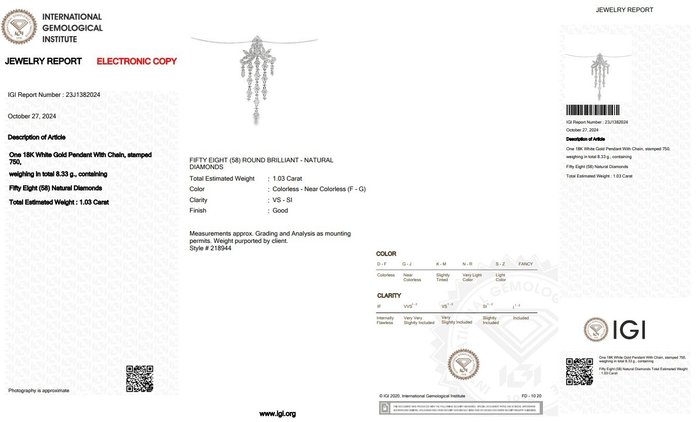 Halskæde med vedhæng - 18 kraat Hvidguld -  1.03ct. tw. Diamant (Natur)