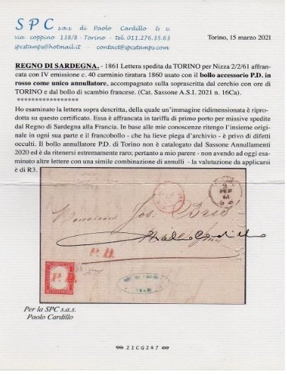 Antikke Italienske Stater - Sardinien 1861 - Brev med 40 cent karmin til Frankrig med P.D i rødt - sjældent annullering - Sassone 16Ca