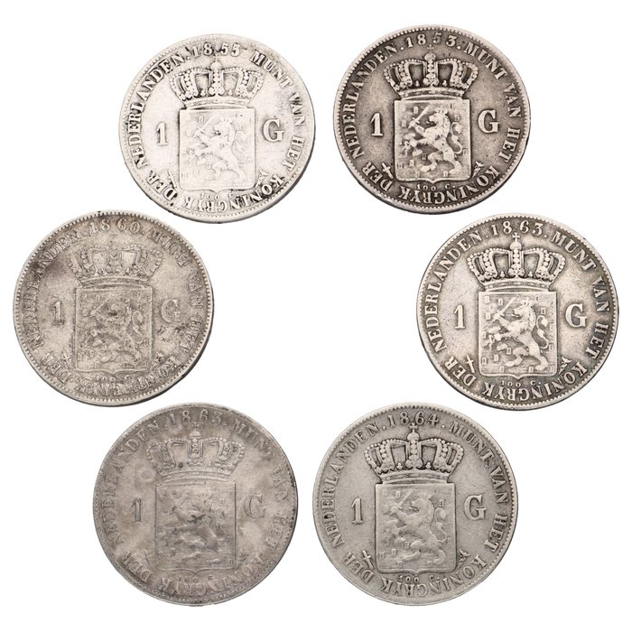 Holland. Willem III (1849-1890). 1 Gulden 1853/1864  (6 stuks)  (Ingen mindstepris)