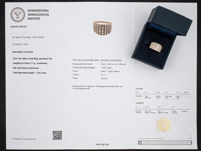 Ingen mindstepris - Ring - 14 karat Gulguld, IGI certificeret - 1,20 ct diamanter -  1.20ct. tw. Gul Diamant (Naturfarvet)