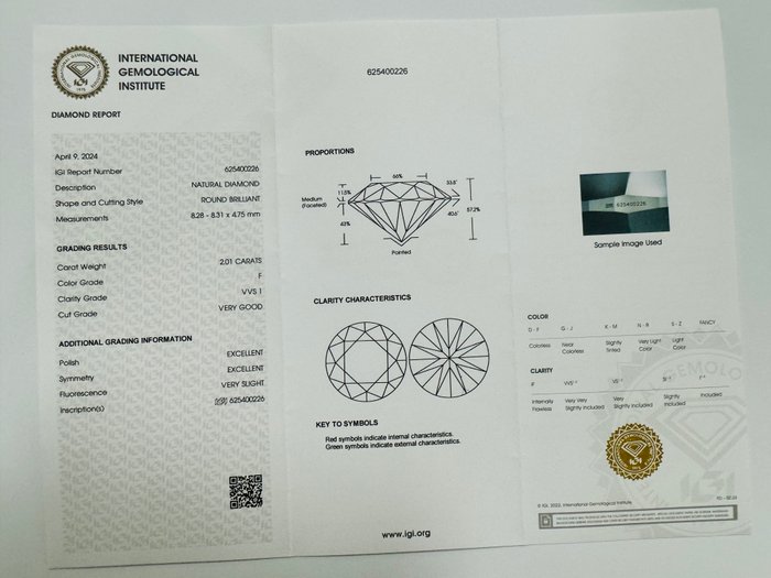 1 pcs Diamant  (Natur)  - 2.01 ct - Rund - F - VVS1 - International Gemological Institute (IGI) - *VG EX*