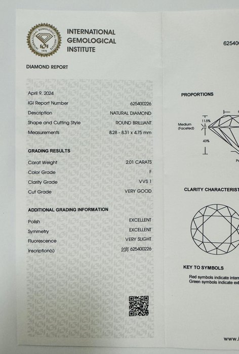 1 pcs Diamant  (Natur)  - 2.01 ct - Rund - F - VVS1 - International Gemological Institute (IGI) - *VG EX*