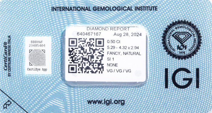 Ingen mindstepris - 1 pcs Diamant  (Naturfarvet)  - 0.50 ct - Pære - Fancy intense Brun Gul - SI1 - International Gemological Institute (IGI)