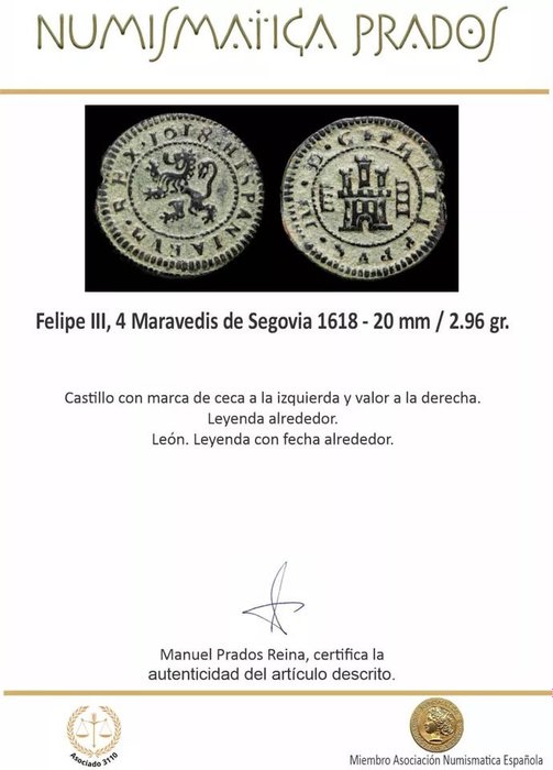 Spanien. Felipe III (1598-1621). 4 Maravedís Segovia, 1618  (Ingen mindstepris)