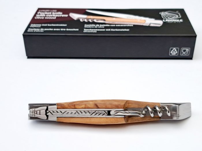 Laguiole - Corkscrew with Pocket Knife - Olive Wood - style de - Proptrækker - Rustfrit stål