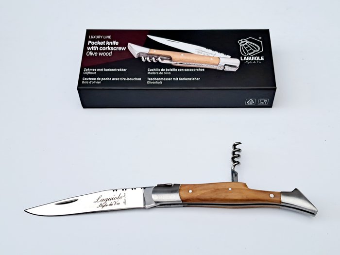 Laguiole - Corkscrew with Pocket Knife - Olive Wood - style de - Proptrækker - Rustfrit stål