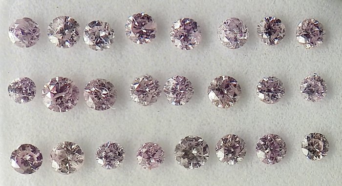 Ingen mindstepris - 24 pcs Diamant  (Naturfarvet)  - 0.72 ct - Rund - Faint, Fancy light Brunlig, Lilla Lyserød - I2, SI1 - Antwerp Laboratory for Gemstone Testing (ALGT)